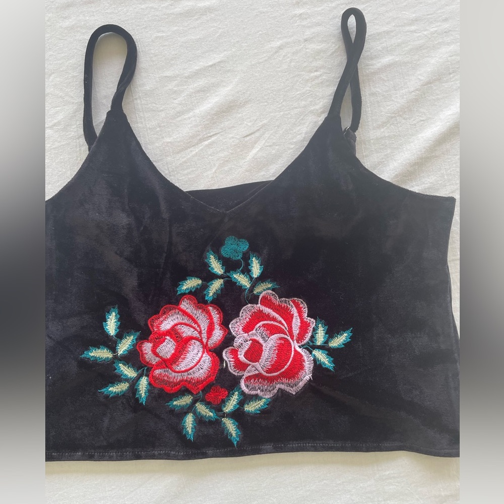 RAGA cropped black velour embroidered top